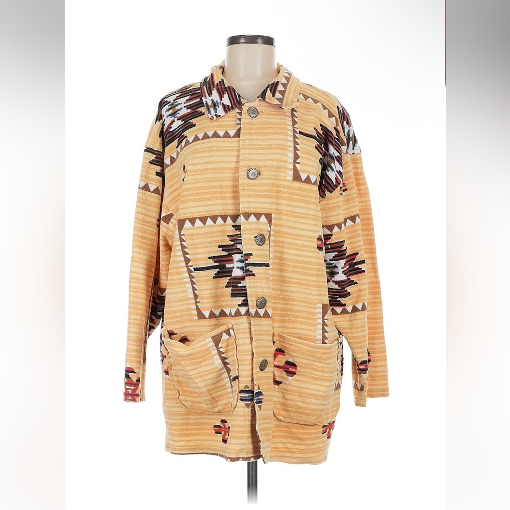 Chico's Aztec-Pattern Utility Jacket in Mustard, Brown, Black & Cream